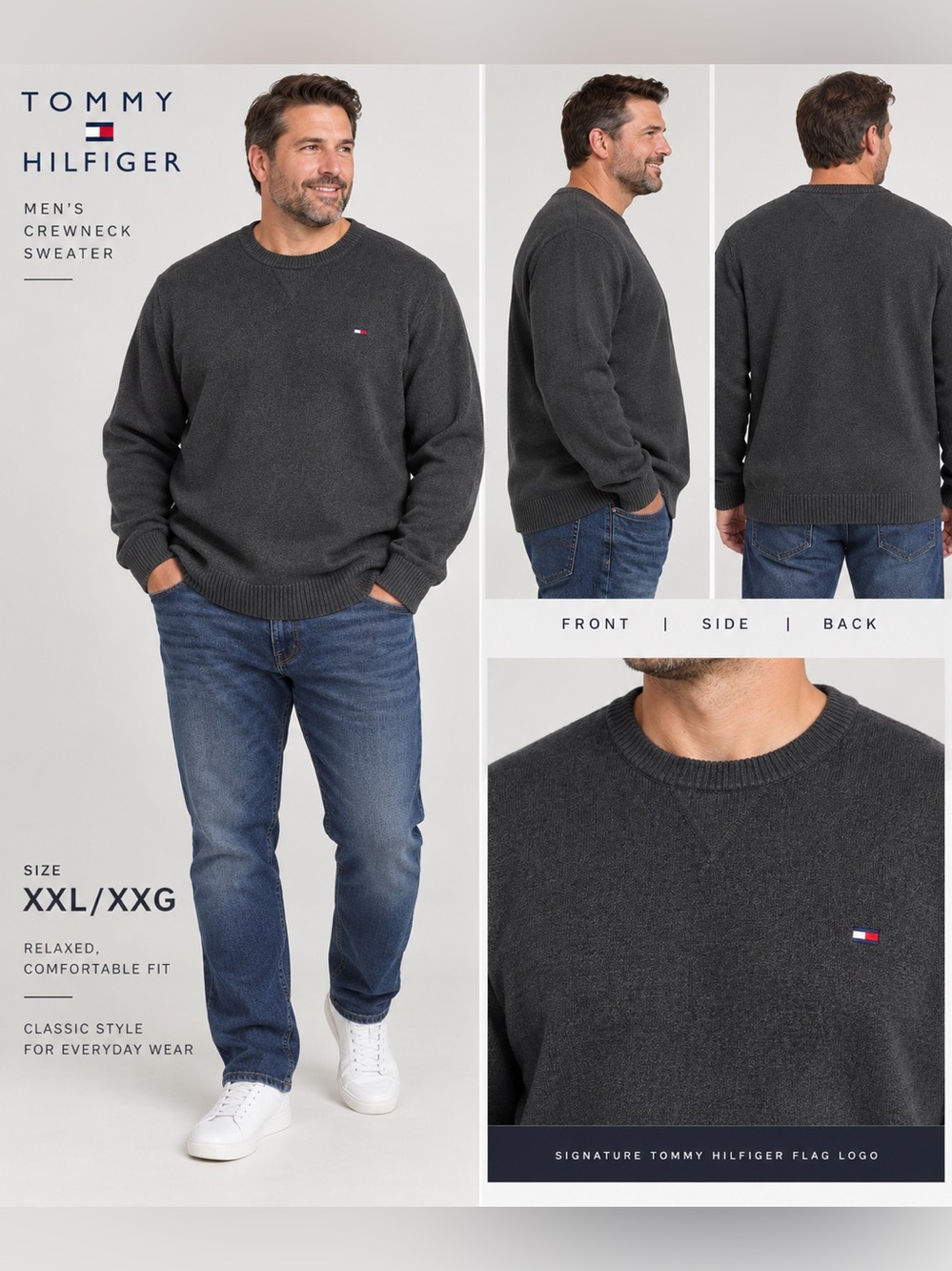 Tommy Hilfiger Men’s XXL/XXG Charcoal Gray Crewneck Sweater | Classic Knit